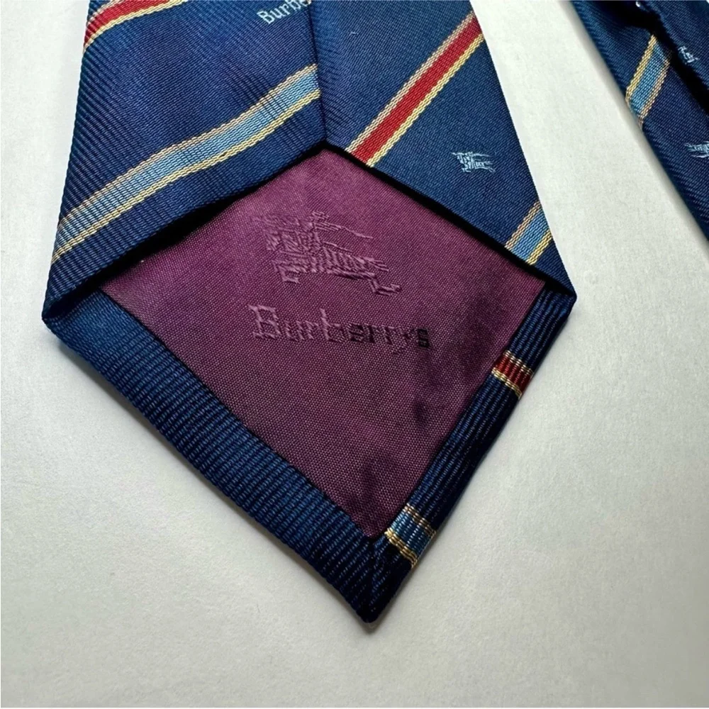 Vintage BURBERRY OF MUNICH Rare Embroidered Striped Classic Blue Silk Tie, 3”
